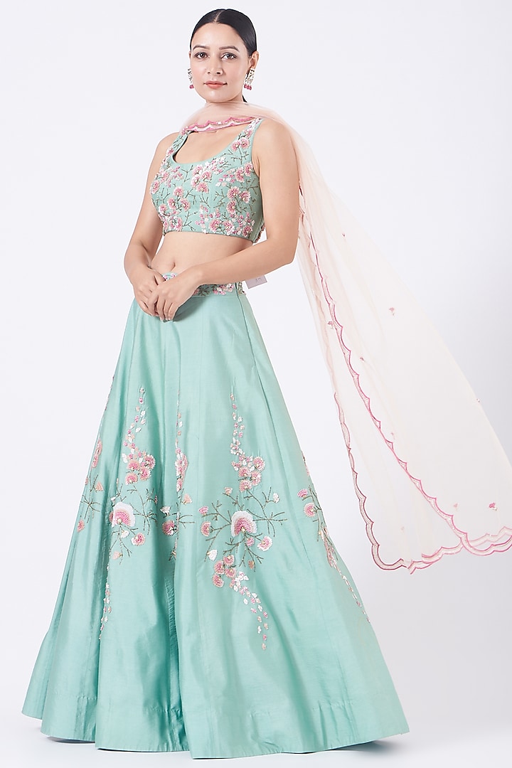 Mint Green Embroidered Lehenga Set by Salt and Spring