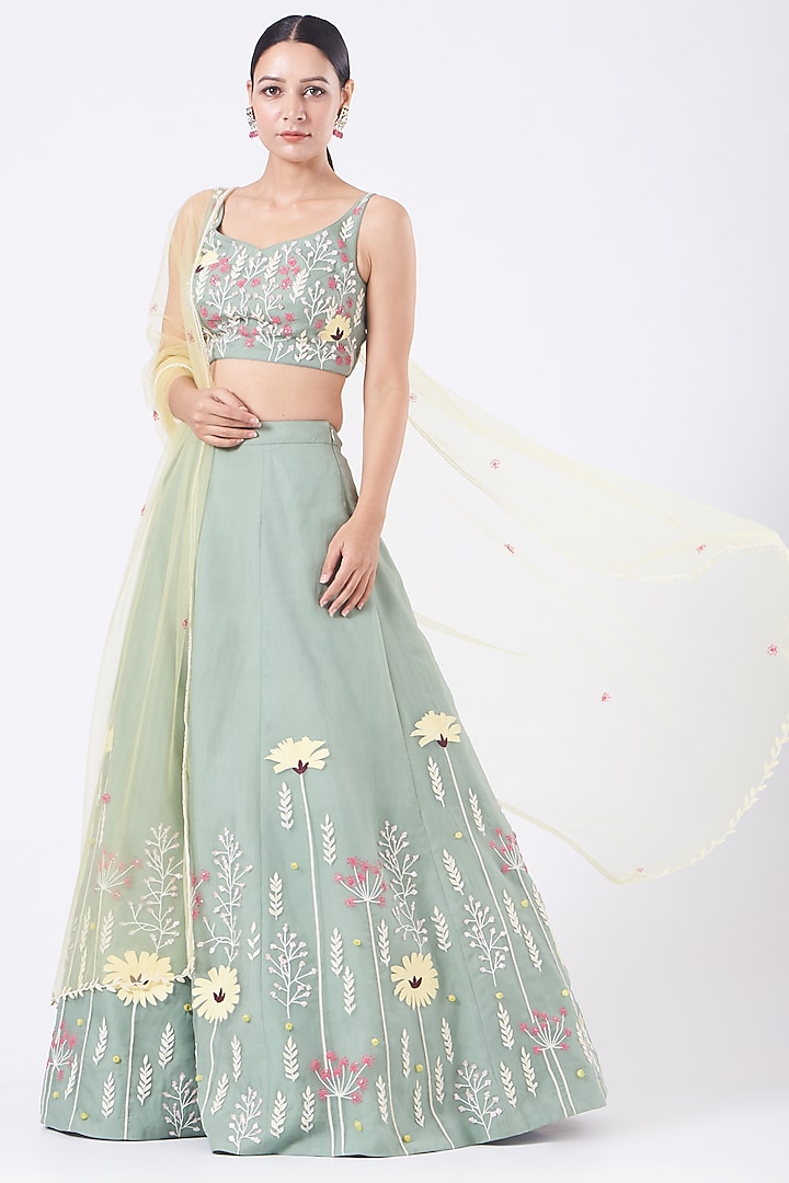 Sea Green Embroidered Lehenga Set by Salt and Spring