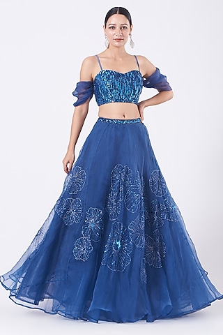 Cobalt Blue Hand Embroidered Lehenga Set by Salt and Spring