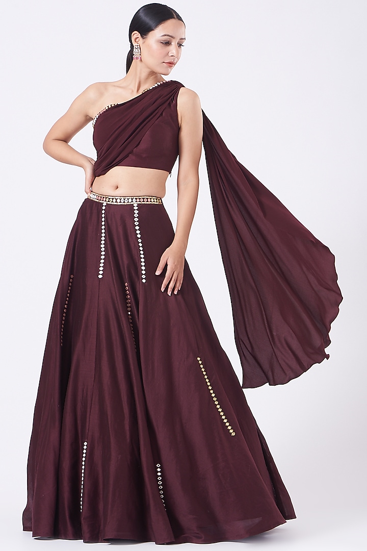 Wine Embroidered Flared Lehenga Set by Salt and Spring