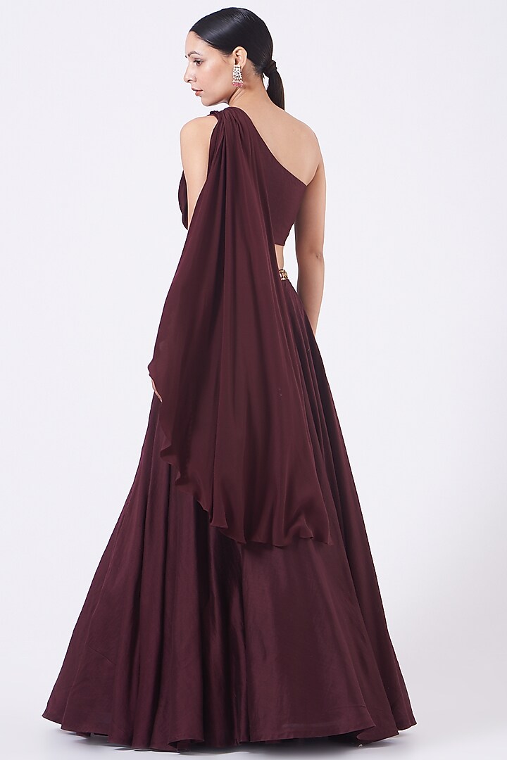 Wine Embroidered Flared Wedding Lehenga Set by Salt and Spring at Pernia's Pop Up Shop