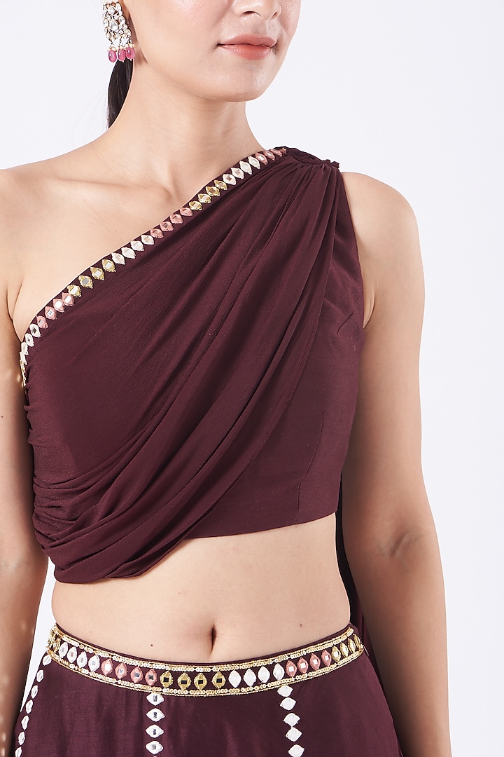 Wine Embroidered Flared Wedding Lehenga Set by Salt and Spring at Pernia's Pop Up Shop