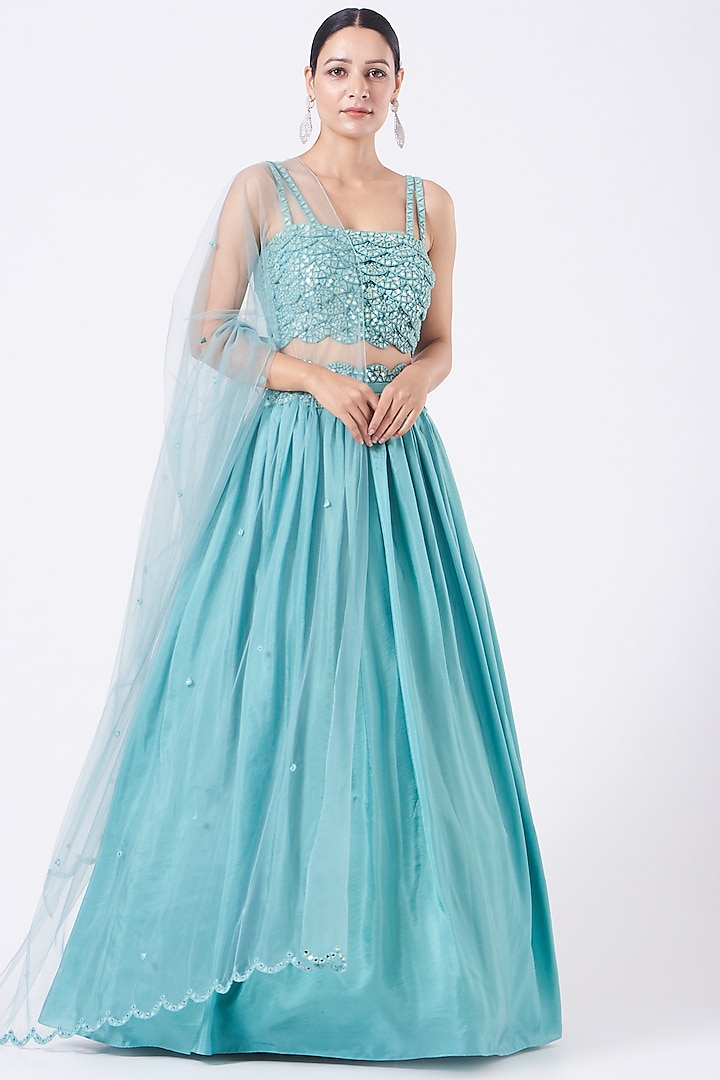 Teal Embroidered Lehenga Set by Salt and Spring