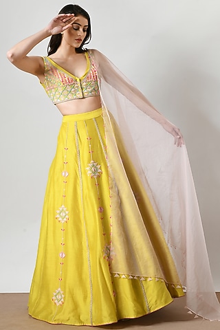 Yellow Chanderi Hand Embroidered Lehenga Set by Salt and Spring