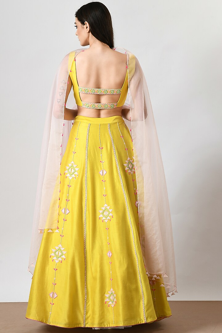 Yellow Chanderi Hand Embroidered Wedding Lehenga Set by Salt and Spring at Pernia's Pop Up Shop