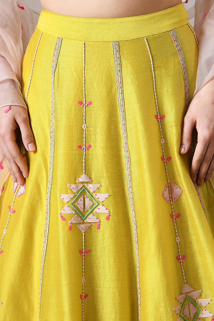 Yellow Chanderi Hand Embroidered Wedding Lehenga Set by Salt and Spring at Pernia's Pop Up Shop