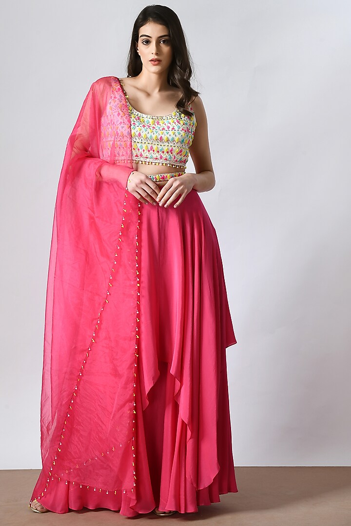 Pink Crepe Layered Lehenga Set by Salt and Spring