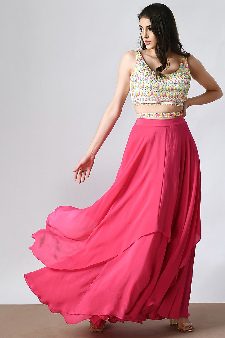 Pink Crepe Layered Wedding Lehenga Set by Salt and Spring at Pernia's Pop Up Shop