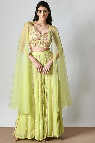 Lime Green Crepe Embroidered Pant Set by Salt and Spring