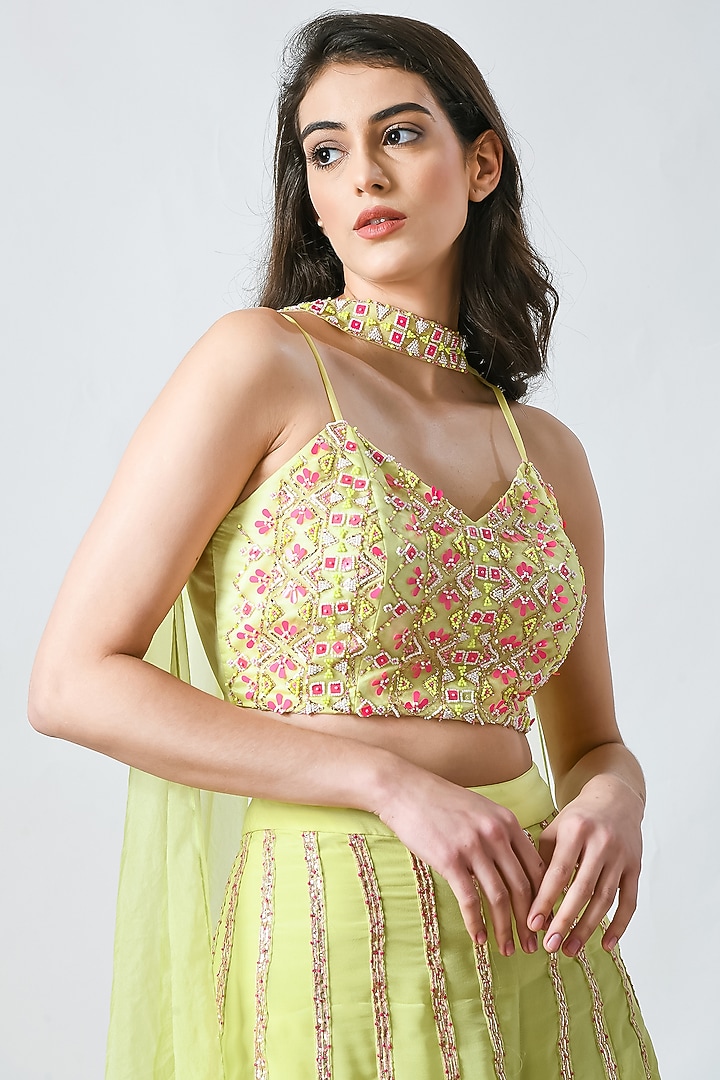 Lime Green Crepe Embroidered Pant Set by Salt and Spring at Pernia's Pop Up Shop