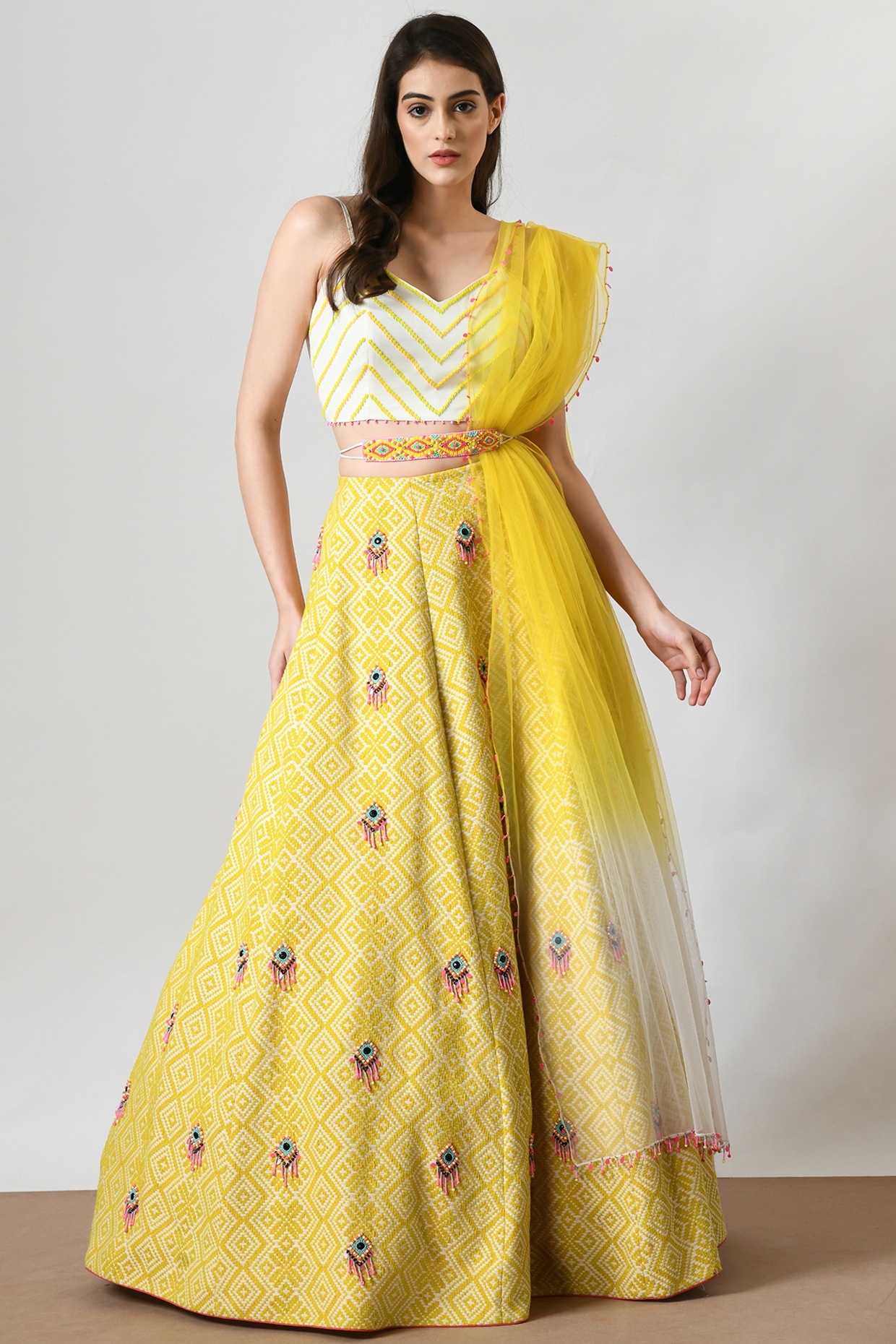 Sunset Yellow Lehenga Choli With Floral And Leaf Cut Mirror Work | Lehnga  dress, Indian fashion dresses, Dress indian style