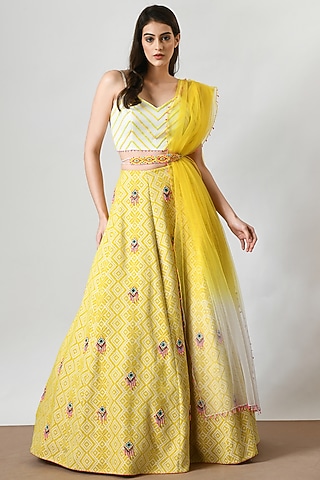 Mustard Yellow Jacquard Embellished Lehenga Set by Salt and Spring