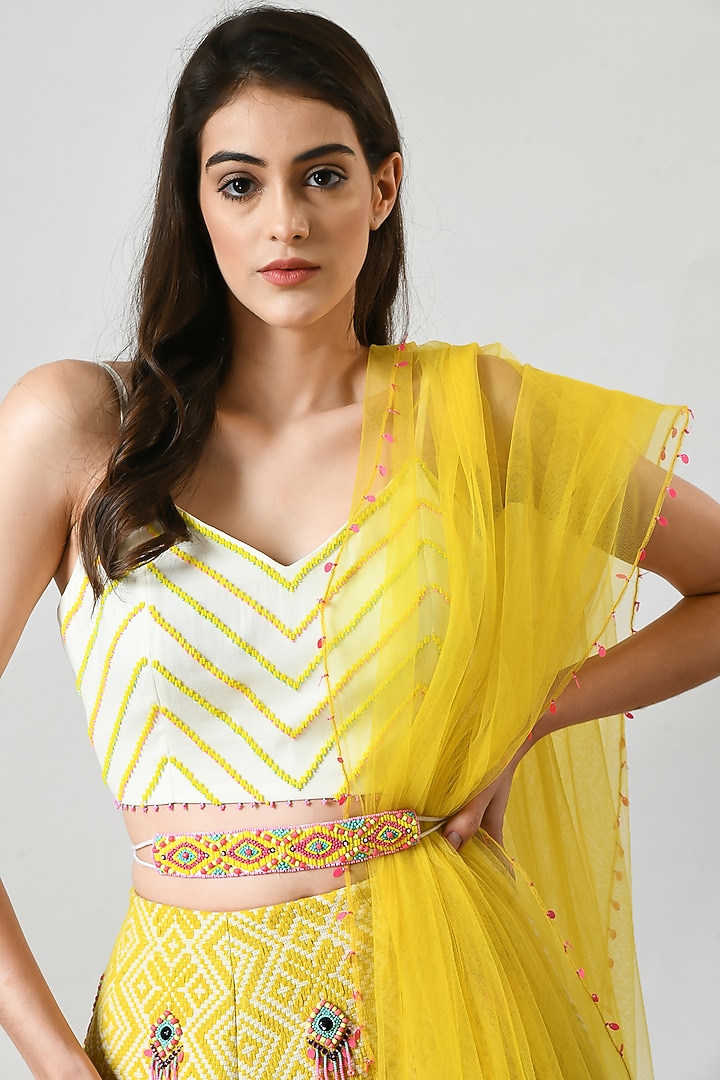 Mustard Yellow Jacquard Embellished Wedding Lehenga Set by Salt and Spring at Pernia's Pop Up Shop