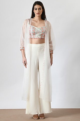 Ivory Organza Embroidered Cape Set by Salt and Spring