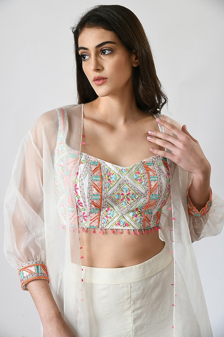 Ivory Organza Embroidered Cape Set by Salt and Spring at Pernia's Pop Up Shop