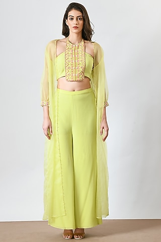 Lime Green Organza Embroidered Cape Set by Salt and Spring