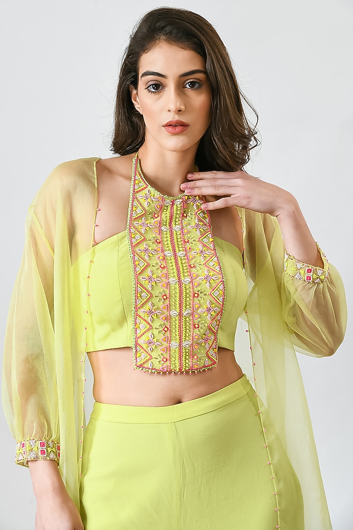 Lime Green Organza Embroidered Cape Set by Salt and Spring at Pernia's Pop Up Shop