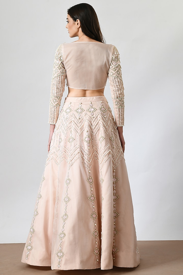Nude Pink Organza Mukaish Hand Embroidered Wedding Lehenga Set by Salt and Spring at Pernia's Pop Up Shop