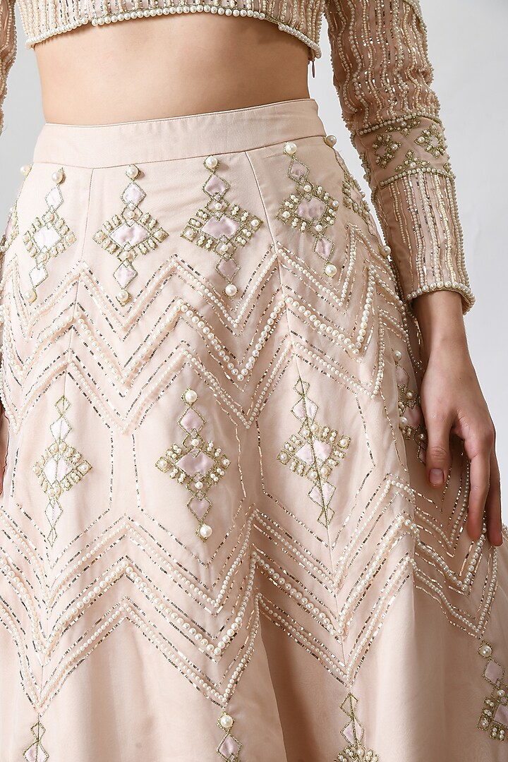 Nude Pink Organza Mukaish Hand Embroidered Wedding Lehenga Set by Salt and Spring at Pernia's Pop Up Shop
