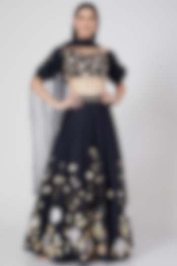 Midnight Blue Floral Thread Embroidered Lehenga Set by Salt and Spring