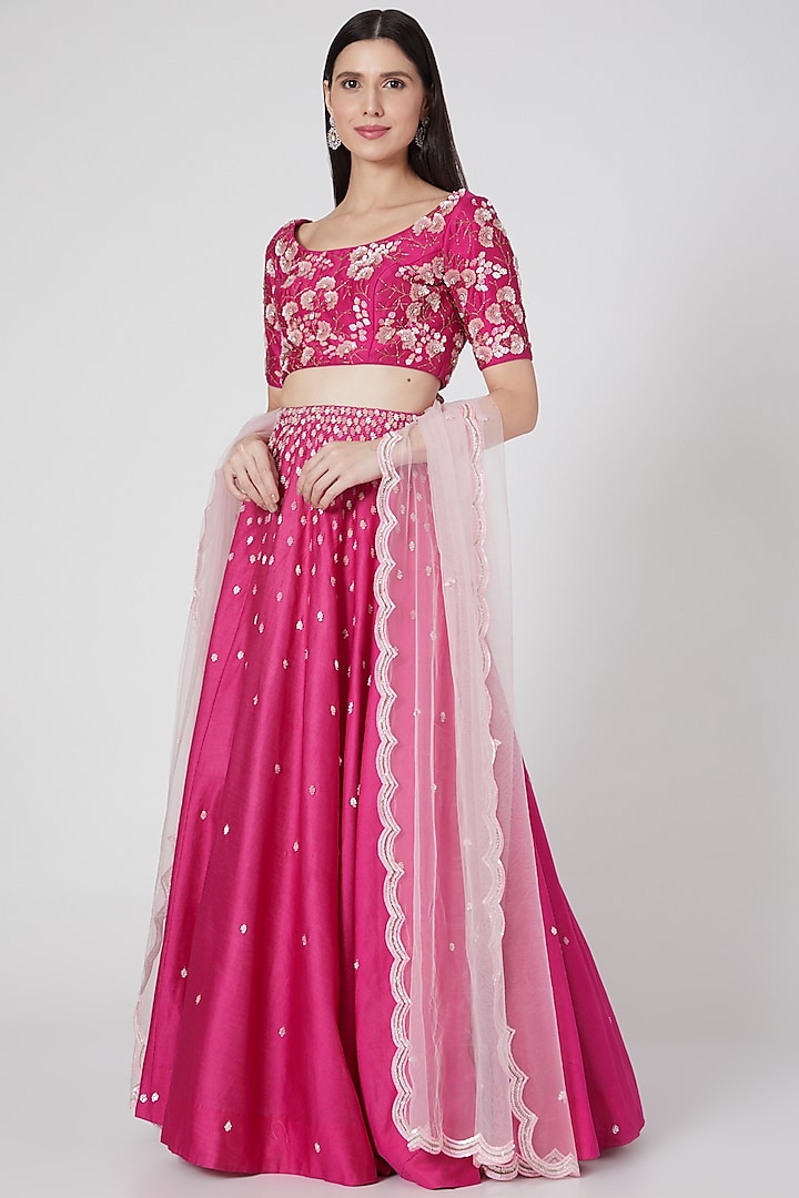 Hot Pink Hand Embroidered Lehenga Set by Salt and Spring