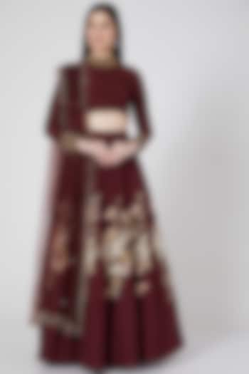 Burgundy Wine Embroidered Wedding Lehenga Set by Salt and Spring at Pernia's Pop Up Shop