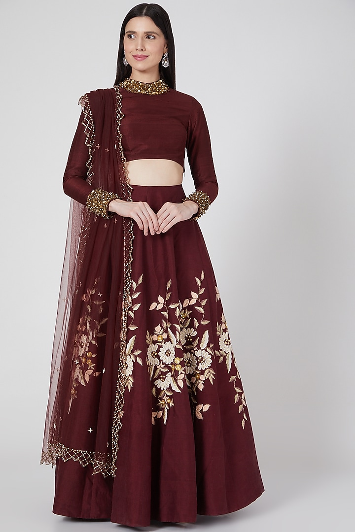 Burgundy Wine Embroidered Wedding Lehenga Set by Salt and Spring at Pernia's Pop Up Shop