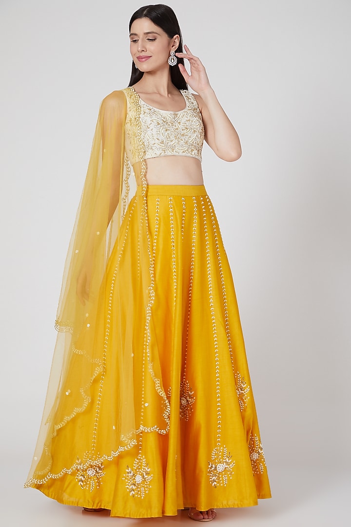 Yellow Hand Embroidered Lehenga Set by Salt and Spring