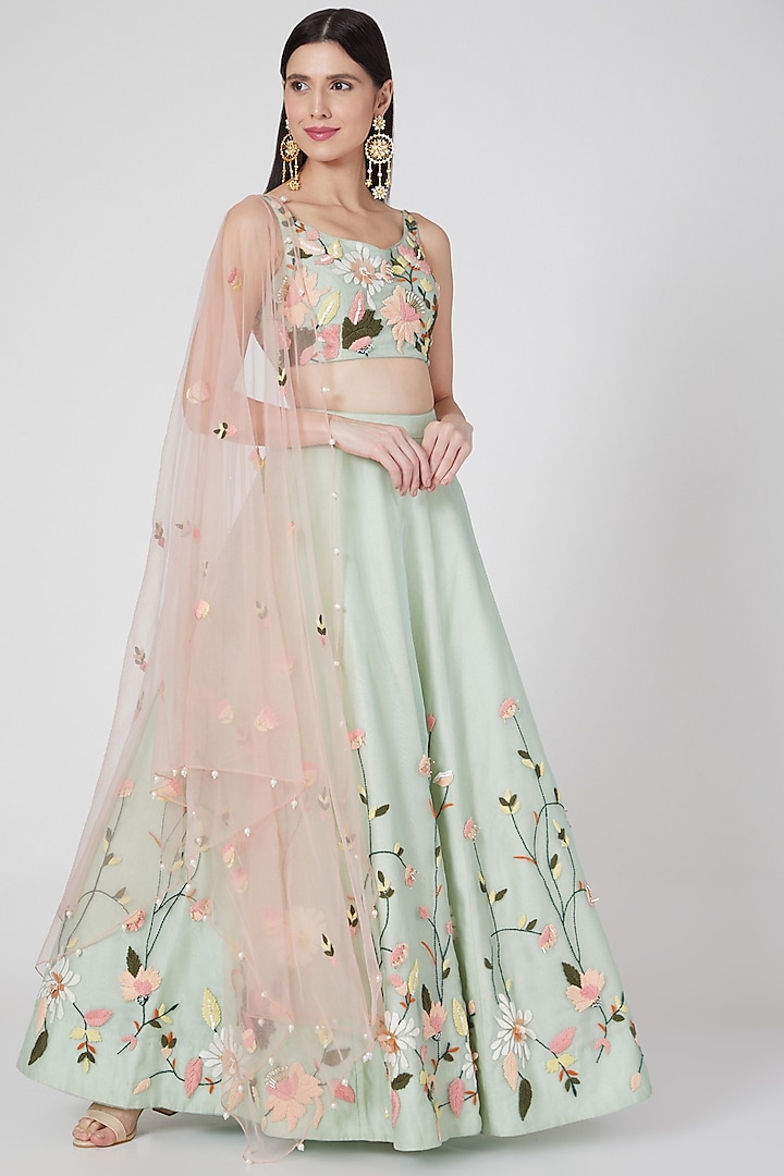 Sea Green Floral Embroidered Lehenga Set by Salt and Spring