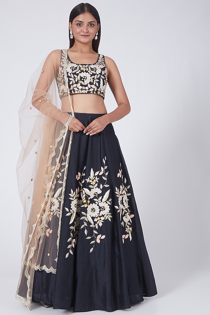 Midnight Blue Sequins Embroidered Wedding Lehenga Set by Salt and Spring at Pernia's Pop Up Shop