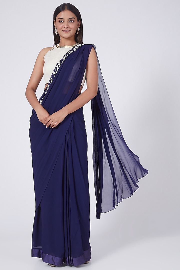 Royal Blue Floral Embroidered Draped Saree Set by Salt and Spring