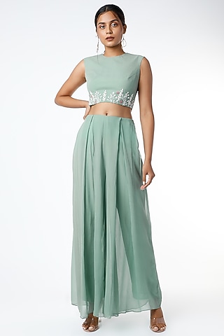 Mint Green Floral Embroidered Flared Pant Set by Salt and Spring
