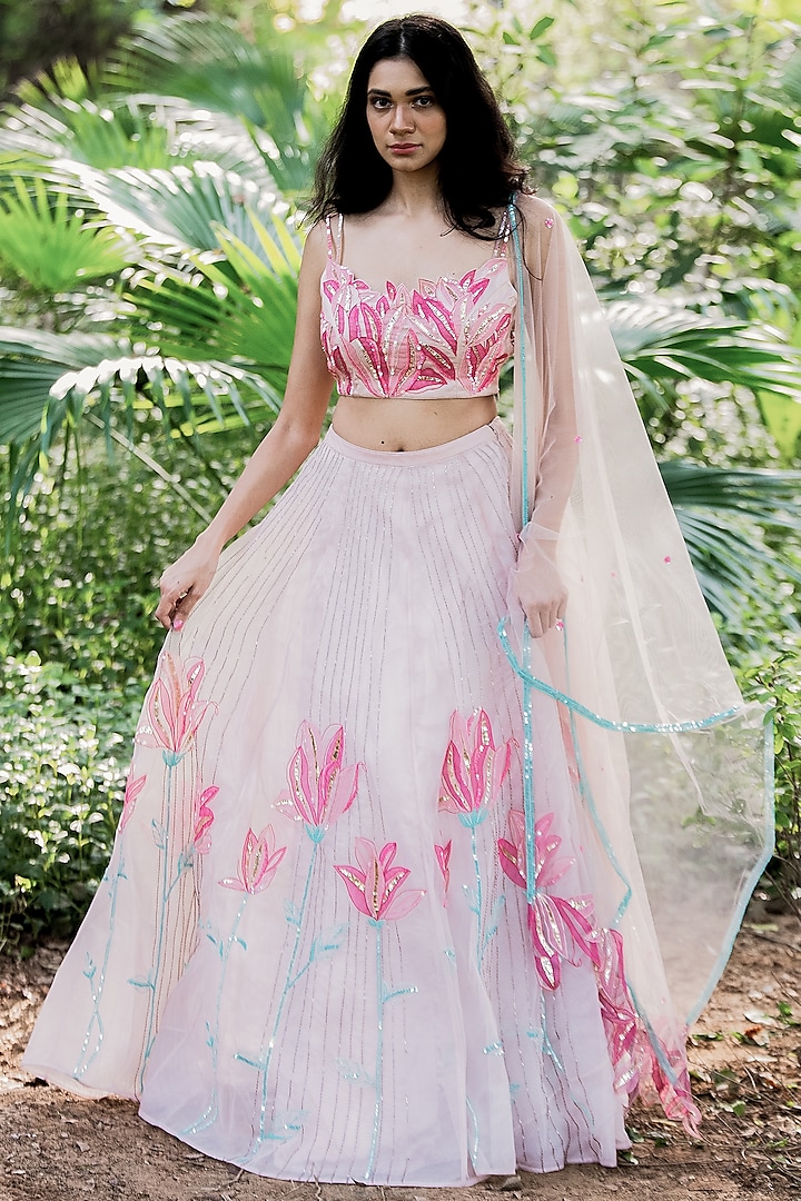 Rose Water Pink Embroidered Lehenga Set by Salt and Spring
