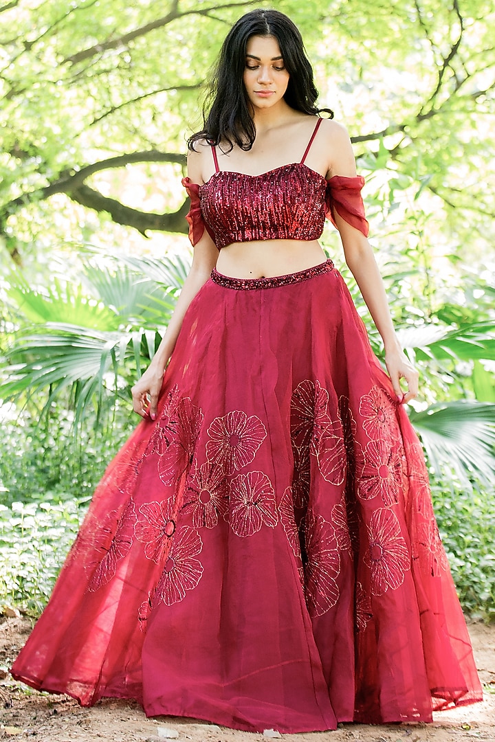 Marsala Red Hand Embroidered Lehenga Set by Salt and Spring