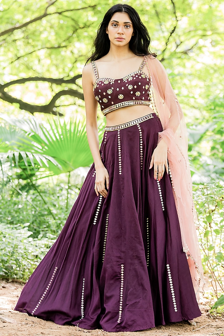 Wine Mirror Embroidered Flared Lehenga Set by Salt and Spring