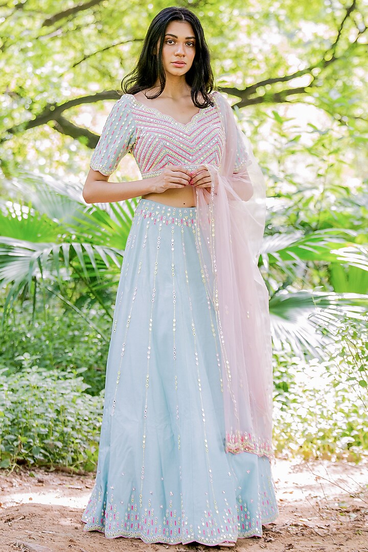 Frozen Mint Hand Embroidered Wedding Lehenga Set by Salt and Spring at Pernia's Pop Up Shop