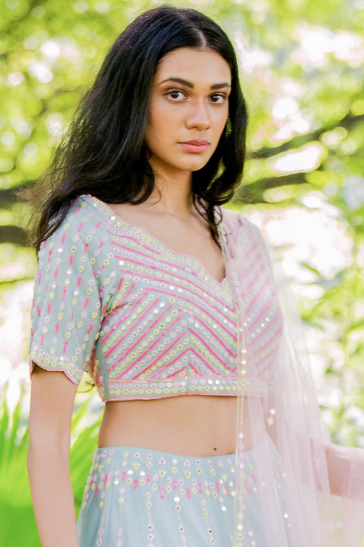Frozen Mint Hand Embroidered Wedding Lehenga Set by Salt and Spring at Pernia's Pop Up Shop