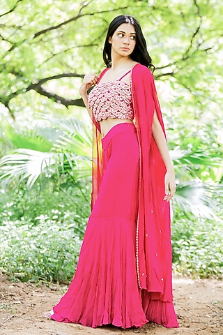 French Fuchsia Georgette Flared Sharara Set by Salt and Spring