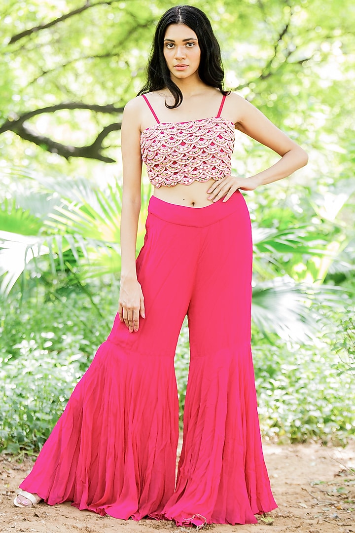 French Fuchsia Georgette Flared Party Wear Sharara Set by Salt and Spring at Pernia's Pop Up Shop