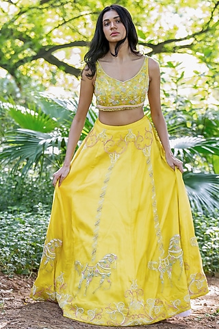 Deep Yellow Embroidered Lehenga Set by Salt and Spring