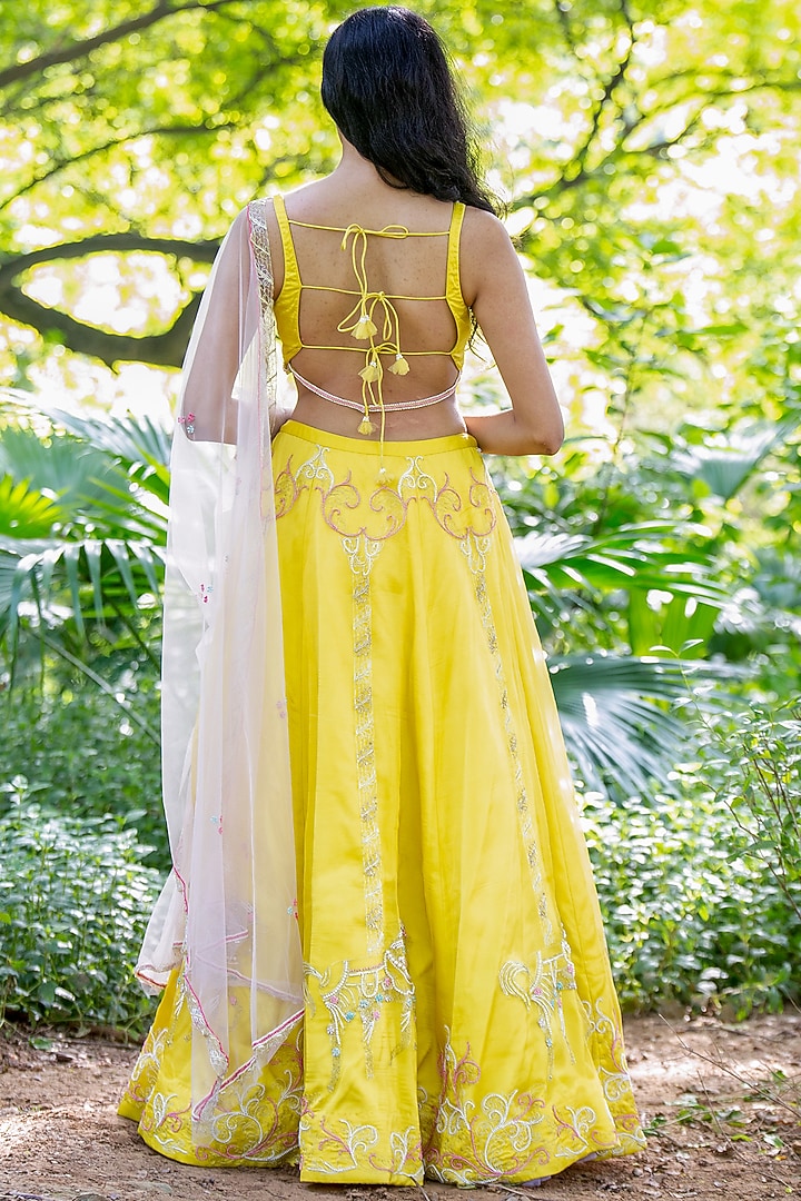 Deep Yellow Embroidered Wedding Lehenga Set by Salt and Spring at Pernia's Pop Up Shop