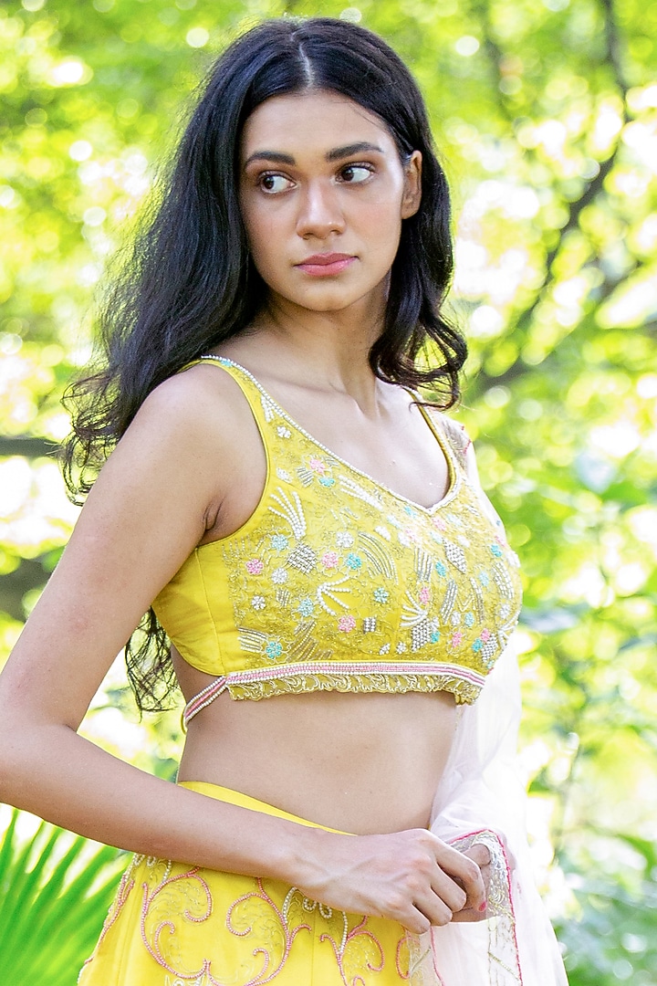 Deep Yellow Embroidered Wedding Lehenga Set by Salt and Spring at Pernia's Pop Up Shop
