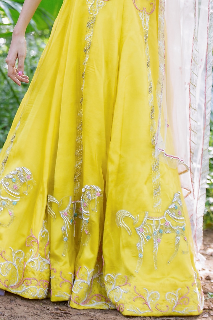 Deep Yellow Embroidered Wedding Lehenga Set by Salt and Spring at Pernia's Pop Up Shop