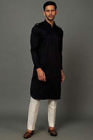 Night Black Satin Cotton Kurta Set by SALVE