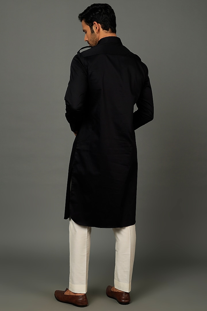 Night Black Satin Cotton Kurta Set by SALVE at Pernia's Pop Up Shop