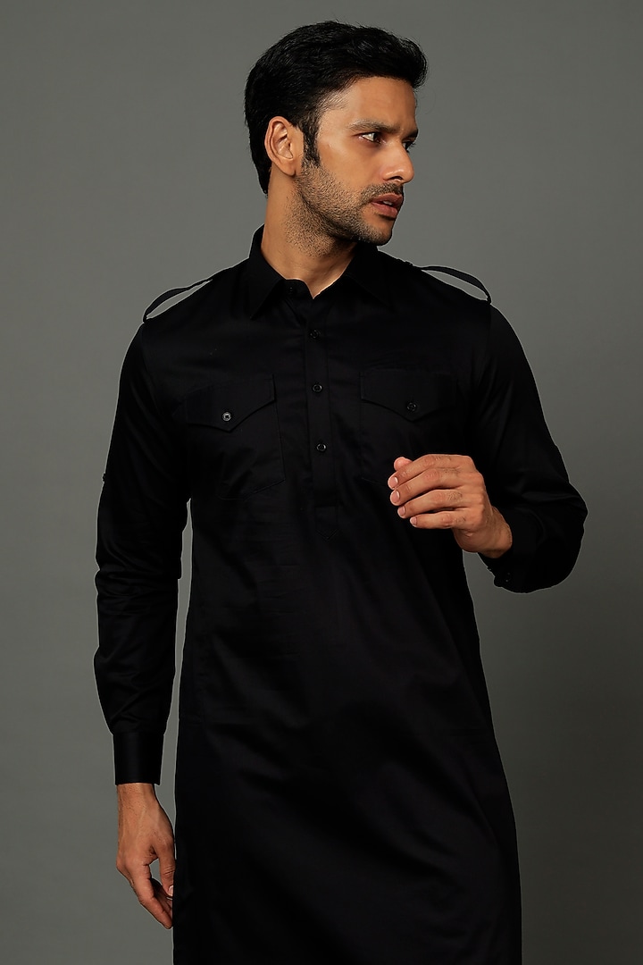 Night Black Satin Cotton Kurta Set by SALVE at Pernia's Pop Up Shop