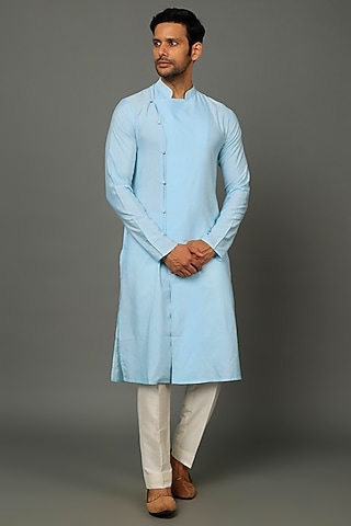 Pigeon Blue Silk Kurta Set by SALVE