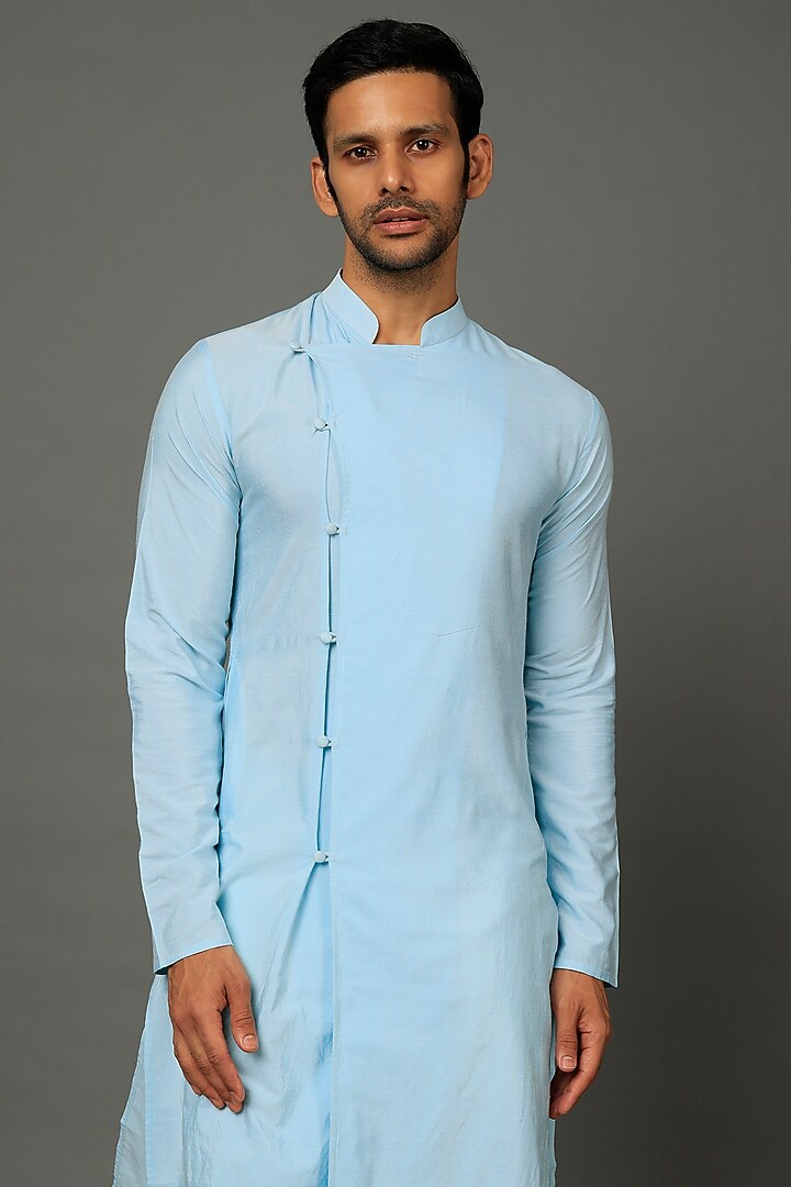 Pigeon Blue Silk Kurta Set by SALVE at Pernia's Pop Up Shop