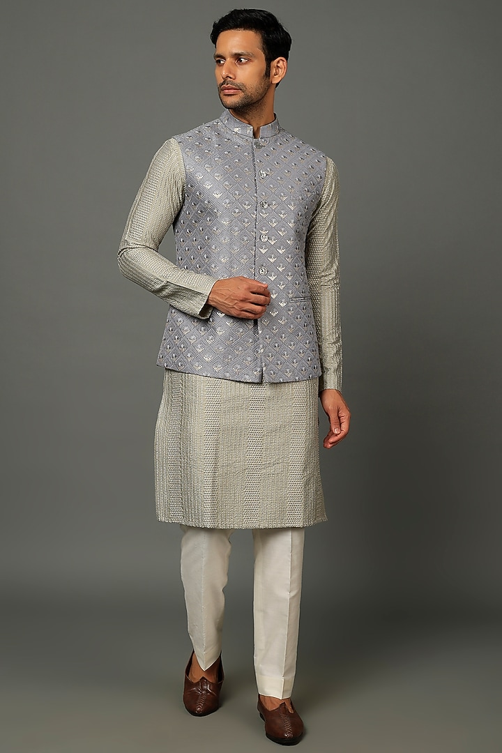 Steel Grey Embroidered Bundi Jacket by SALVE at Pernia's Pop Up Shop
