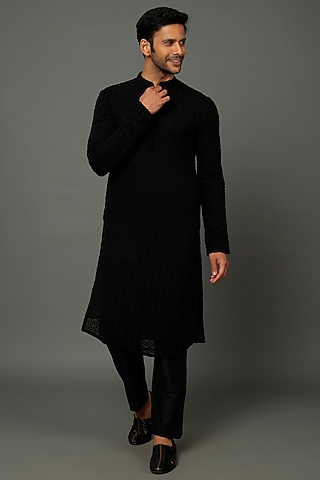 Night Black Embroidered Kurta Set by SALVE